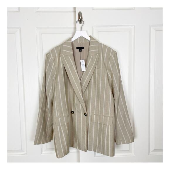 Ann Taylor Pinstriped Double Breasted Tan Linen Blend Blazer Lined NWT - Picture 3 of 11